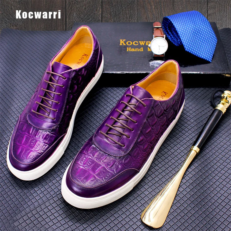 Men's Fashion Casual Leather Shoes Handmade Genuine Leather Crocodile Pattern Lace Up Non-slip Flats Dating Party Dress Shoes