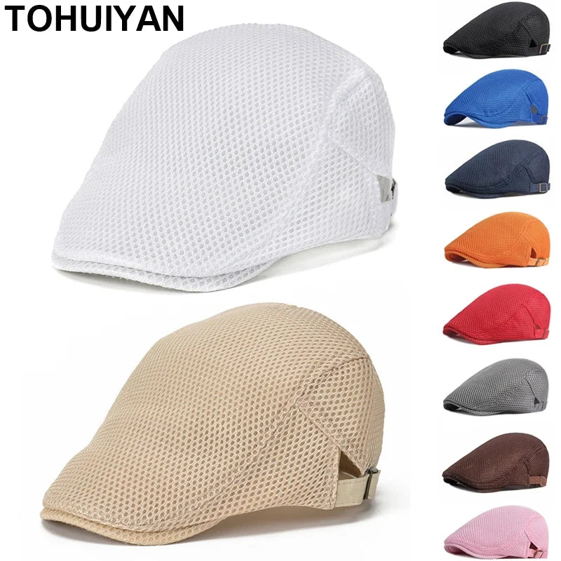 TOHUIYAN Breathable Mesh Newsboy Cap Men Boina Cabbie Cap Summer Autumn Streetwear Golf Hat Gorras Planas Flat Caps for Women