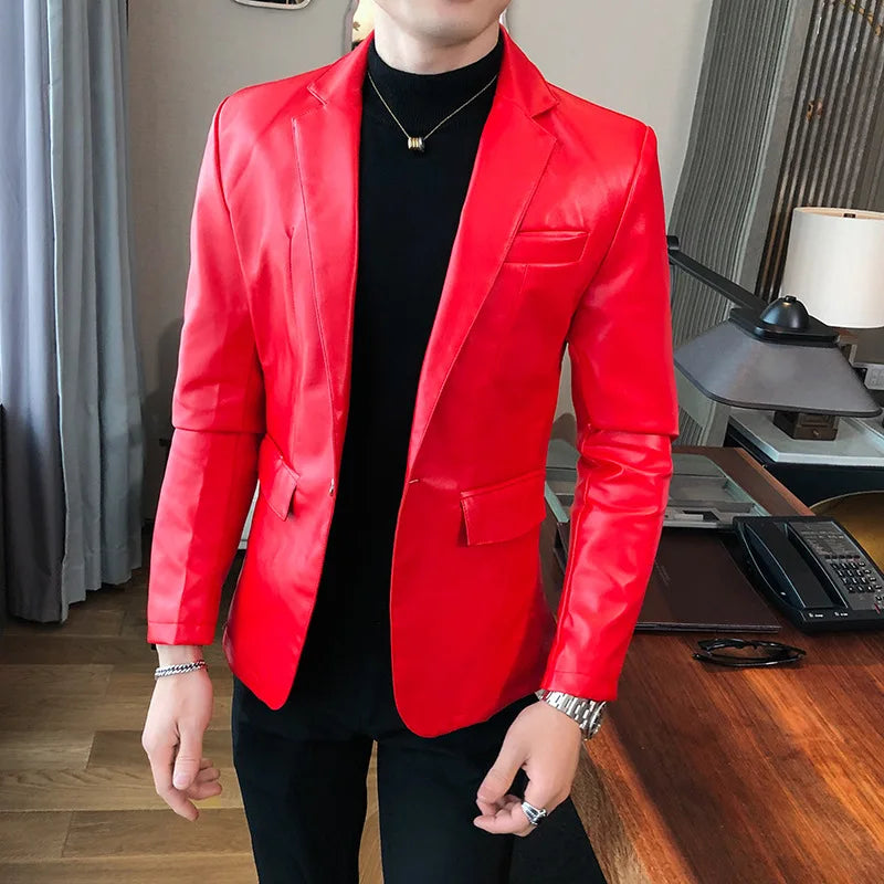 2023 Autumn Leather Jacket Men Slim fit Casual Business Blazer Masculino Solid Color Street Wear Social PU Coat Costume Homme