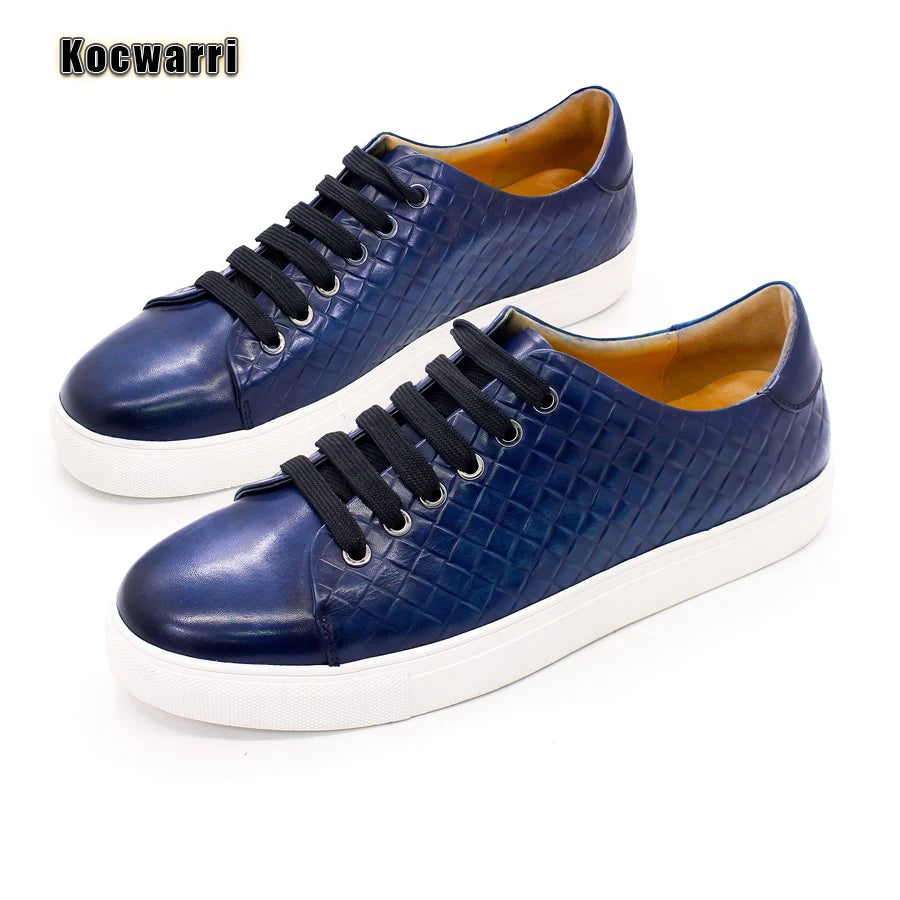 Men's Genuine Leather Shoes Comfortable Casual Fish Pattern Flat Shoes Lace Up Dating Office Fashion Banquet Men's Shoes