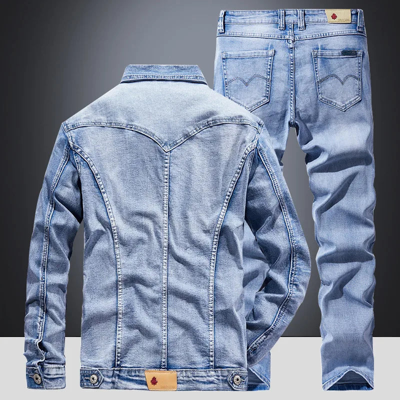 Denim Suit Men's Slim Micro-Stretch Two-piece Spring and Autumn Jacket Jeans Suit