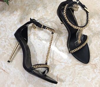 UVRCOS Runway Metal Chains T-strap High Heel Shoes Women Fashion Open Toe Stiletto Heels Summer Rome Style Sandals