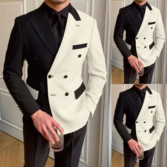 Elegant Black White Men Suits Slim Fit Peak Lapel Double Breasted 2 Pieces Formal Wedding Tuxedos Blazer+Pants Costume Homme