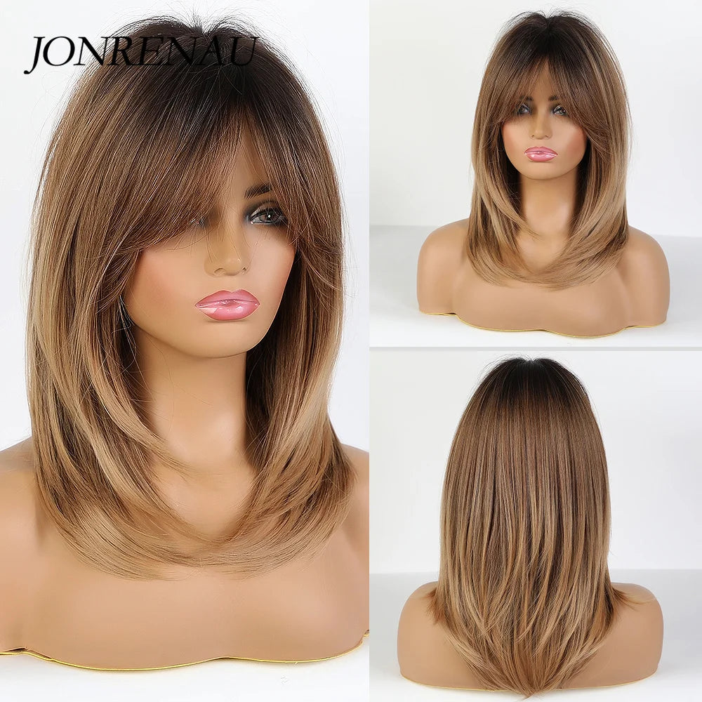 JONRENAU Middle Long Straight Hair with Bangs Ombre Brown to Blonde Wig Dark Roots Synthetic Wigs for Women Heat Resistance Hair