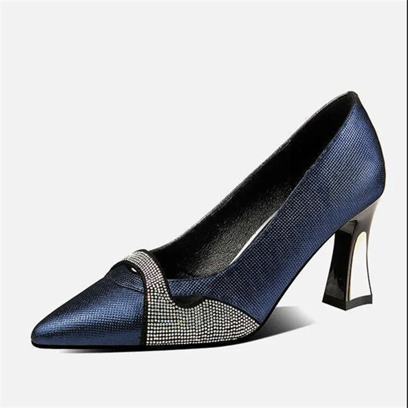 Women Classic Navy Blue Crystal Shining High Heel Shoes Lady Spring & Summer Comfort Stylish Pumps Mulheres De Salto Alto E357