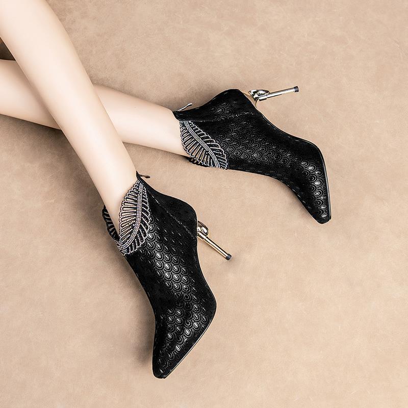 Peacock Pattern Embossed Leather Boot Women 2023 Spring Fashion Pointed Toe High Heels Woman Shiny Rhinestones Party Ankle Boots