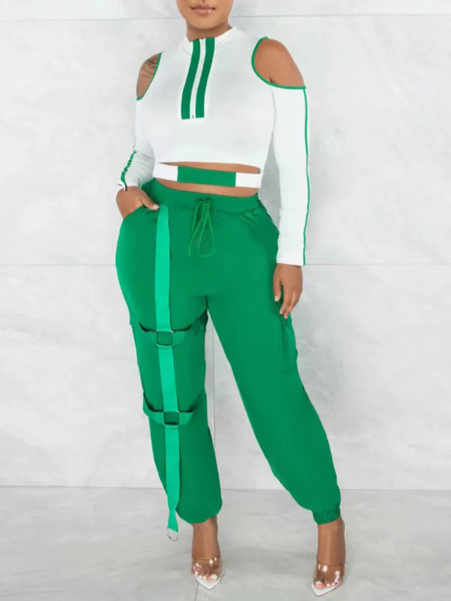 LW Plus Size Women Color Block Zipper Cut Out Round Neck Cold Shoulder Pierced Drawstring Design Two Piece Suits Pants Set