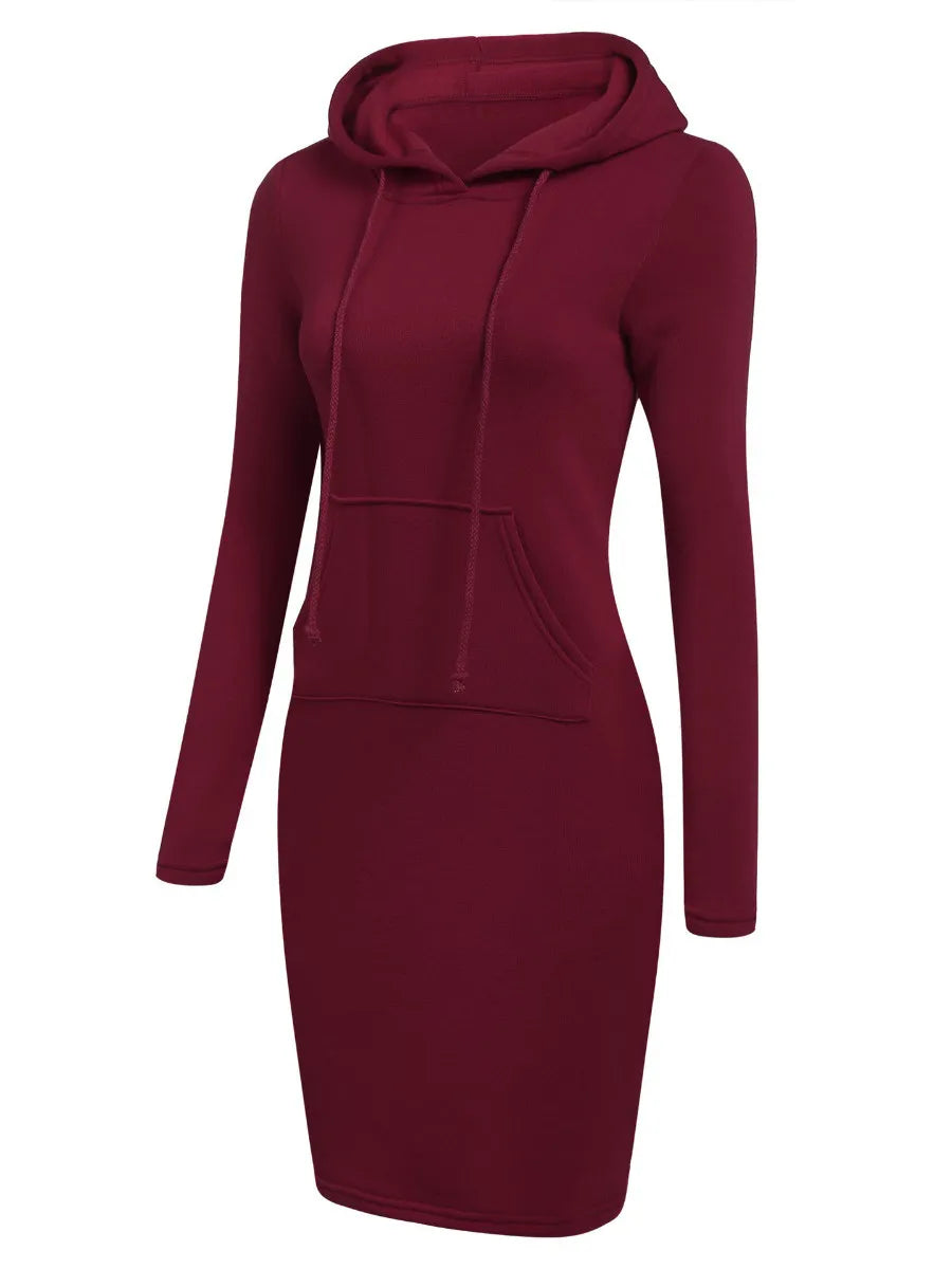 LW BASICS Casual Women Kangaroo Pocket Solid Sweat Dress Hooded Collar Long Sleeve  Fall & Winter Mini Dresses