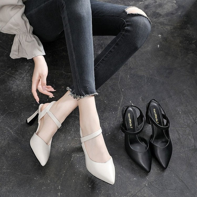 Women High Heels Summer New Style Thick Heels Soft Leather Solid Color Sandals With Baotou Fashion High-heeled Women's Shoes