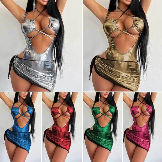 Shiny One Piece Swimsuit 2024 Women Sexy Silver Gold Hollow Out Criss Cross Skirt Swimwear Set Bathing Suit PU Swimming Monokini