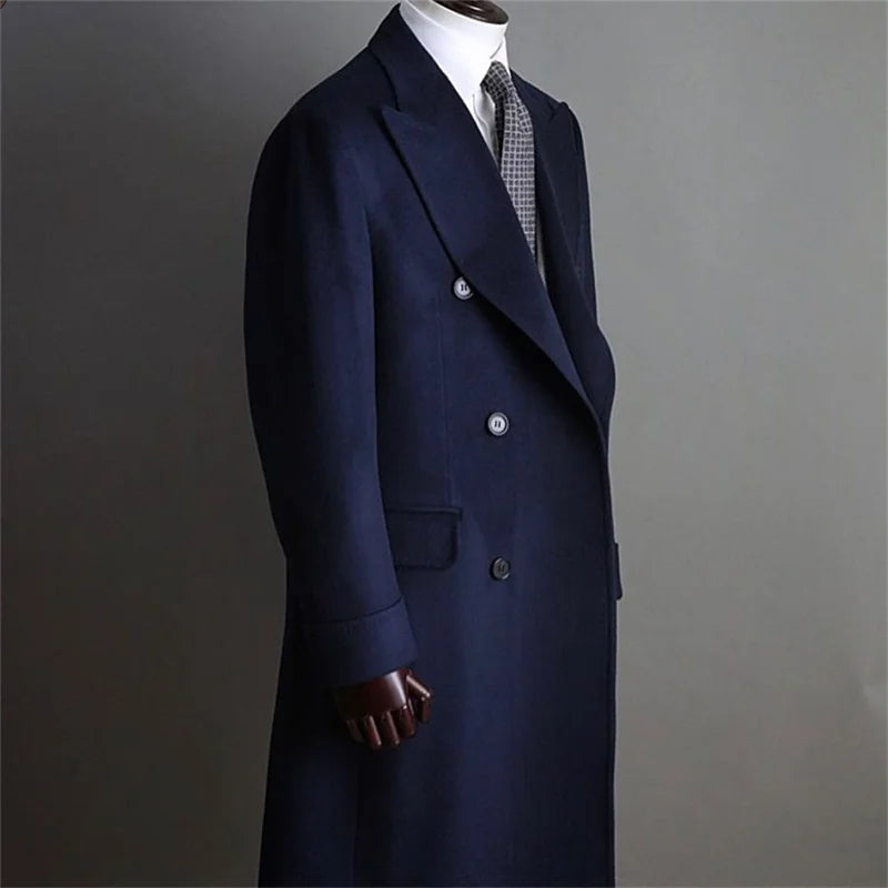 Formal Navy Men Suits Thick Wool Long Coat Men Jacket Double Breasted Tuxedos Peaked Lapel Fashion Blazer Business Long Coat