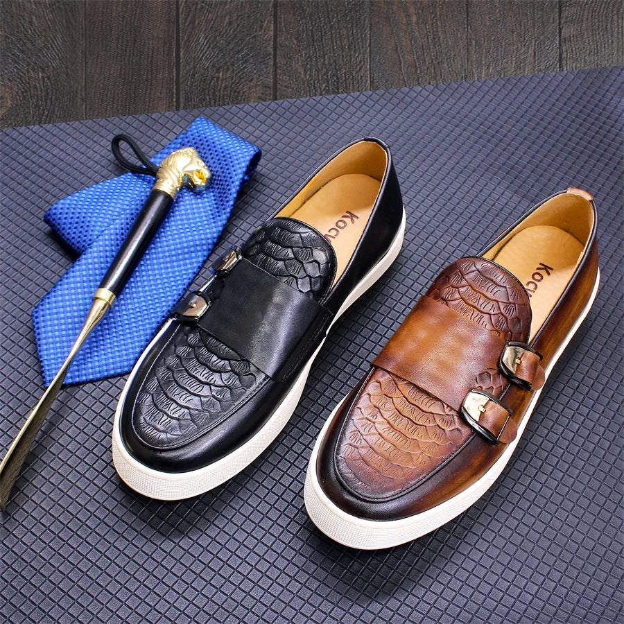 Men's Casual Leather Shoes Genuine Leather Handmade Metal Buckle Men Shoes Lace Up Non-Slip Flat Shoes Banquet Party Men's Shoes