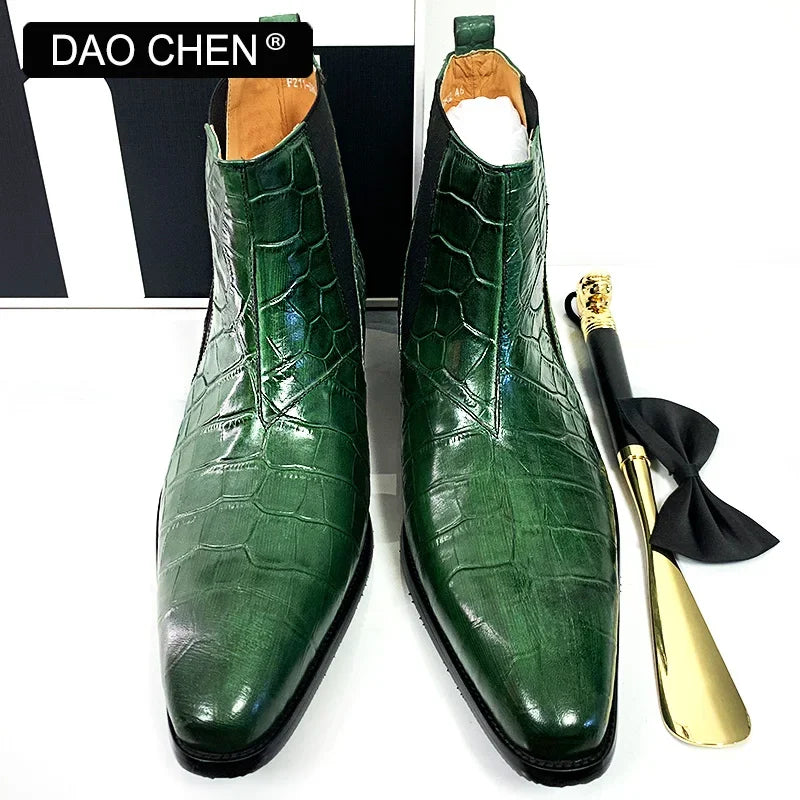 LUXURY BRAND MEN'S BOOTS GREEN BLACK CROCODILE PRINT ANKLE BOOTS CASUAL DRESS MEN SHOES OFFICE WEDDING LEATHER BOOTS MEN