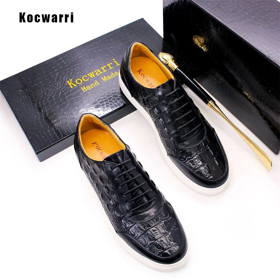 Men's Fashion Casual Leather Shoes Handmade Genuine Leather Crocodile Pattern Lace Up Non-slip Flats Dating Party Dress Shoes