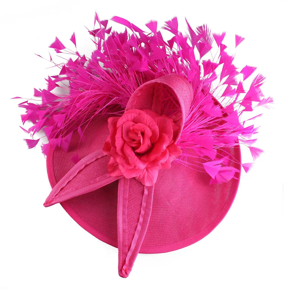 Elegant Hot pink Feather Fascinator Wedding Bridal HairClip Event Hat For Party Cocktail Headpiece Lady Floral Pattern HeadWear