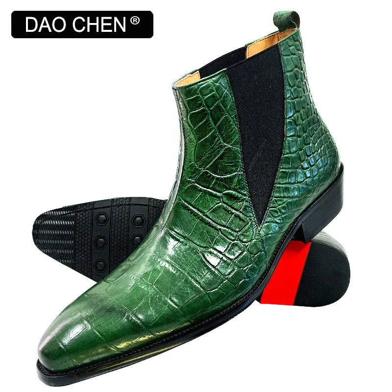 LUXURY BRAND MEN'S BOOTS GREEN BLACK CROCODILE PRINT ANKLE BOOTS CASUAL DRESS MEN SHOES OFFICE WEDDING LEATHER BOOTS MEN