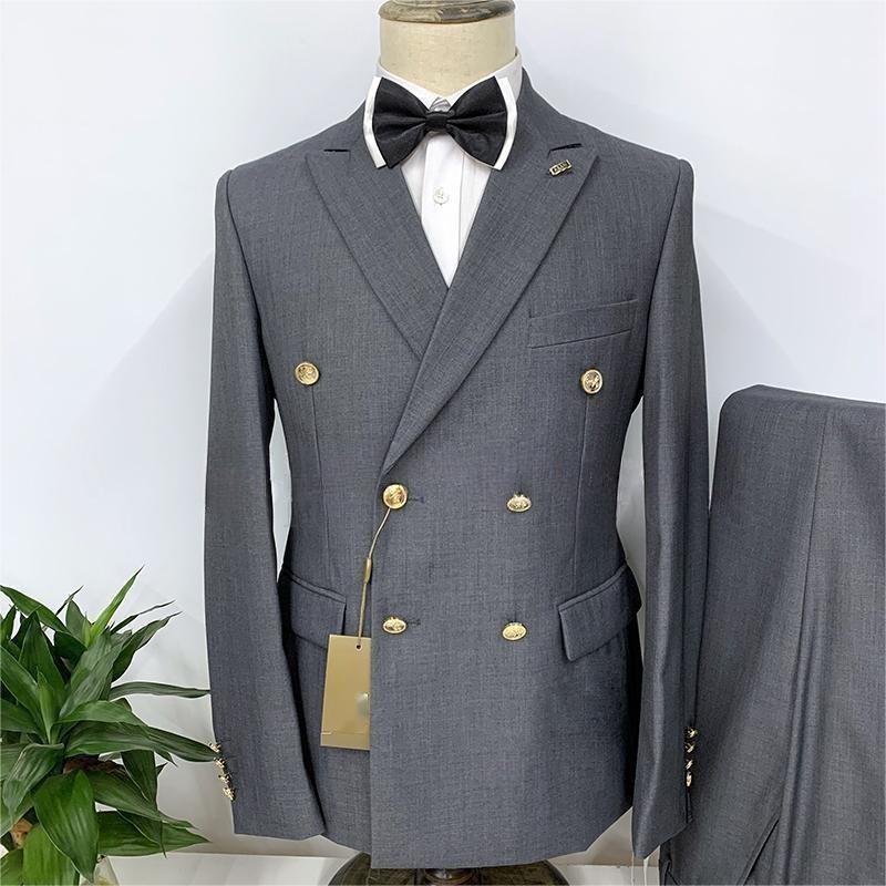 2023 Formal Business 2 Pieces Mens Suit Brown Tuxedos Double-breasted  Metal Jacket for Wedding Groom(Blazer+Pants)