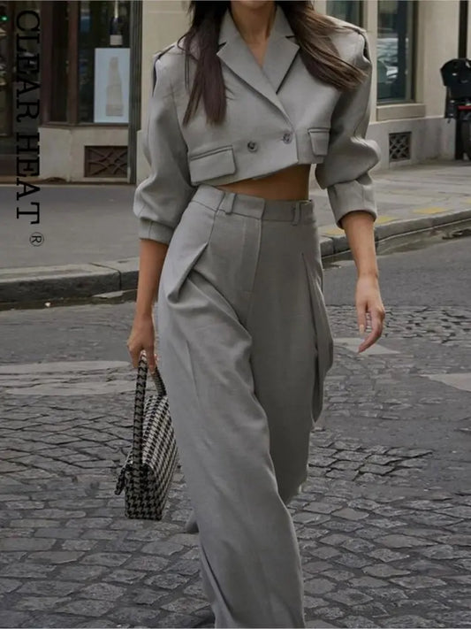 Women Solid Short Blazer Pants Suits Casual V Neck Long Sleeve Lapel Top With Loose Pant Two Piece Set Ladies Elegant Outfits