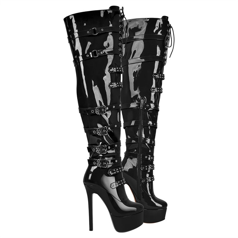 Onlymaker Women Platform Over The Knee Thin High Boots Black Patent Leather Side Zipper Sexy Handmade Stiletto Female Boots