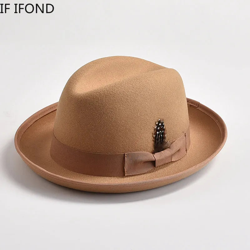 New British Style Wool Felt Fedora Hats for Men Roll Up Brim Homburg Gentleman Church Jazz Hat Party Dress Cap