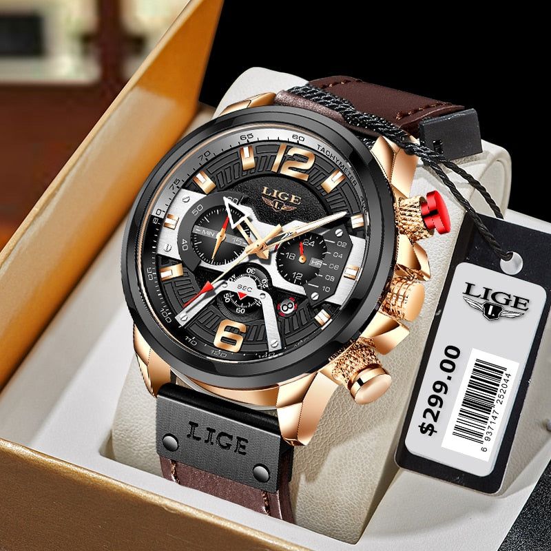 2023 New Mens Watches LIGE Top Brand Leather Chronograph Waterproof Sport Automatic Date Quartz Watch For Men Relogio Masculino