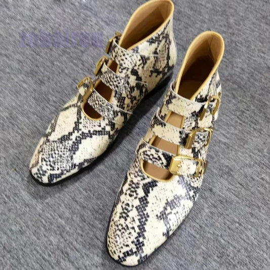 High Quality Men Ankle Boots Snake Pattern Print Metal Buckle Decoration Party Dress Shoes Round Toe Leather Loafers Male Boots