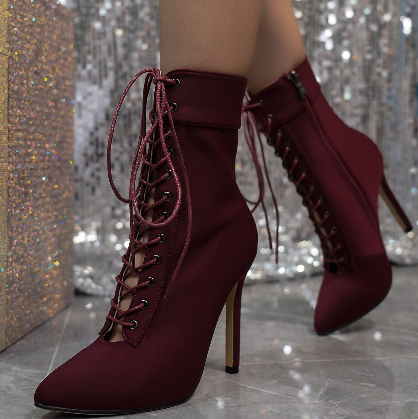 2023 Autumn/Winter New Women's Boots Fashion Pointed Lace Up Zipper Sexy Nightclub Show High Heel Short Boots