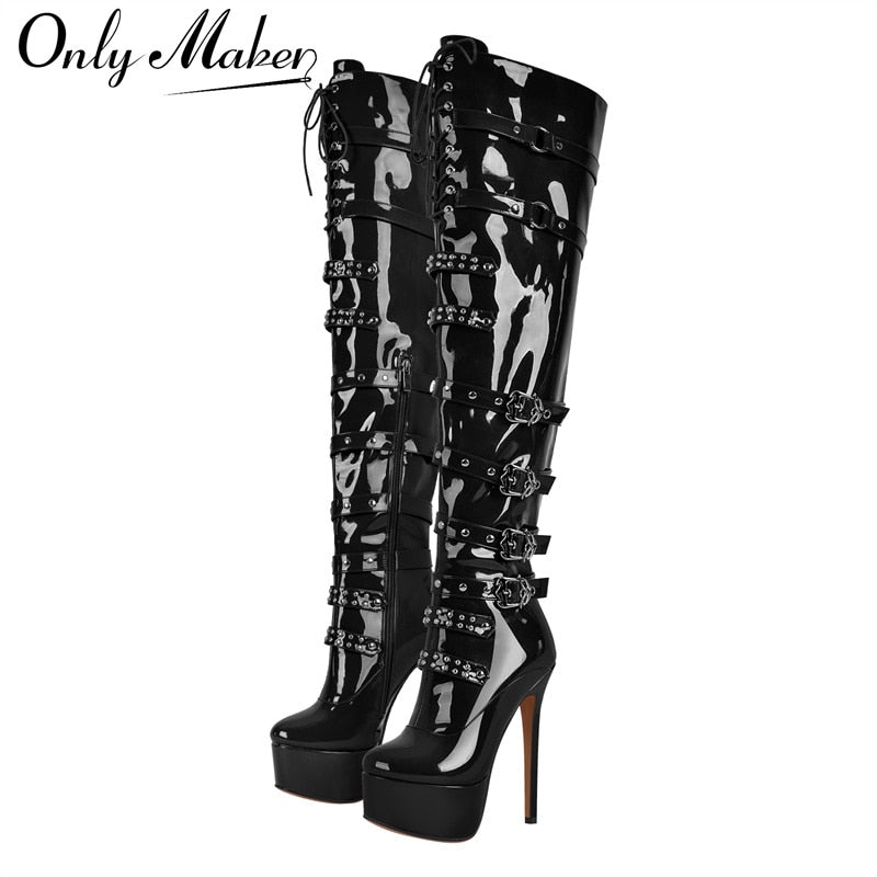 Onlymaker Women Platform Over The Knee Thin High Boots Black Patent Leather Side Zipper Sexy Handmade Stiletto Female Boots