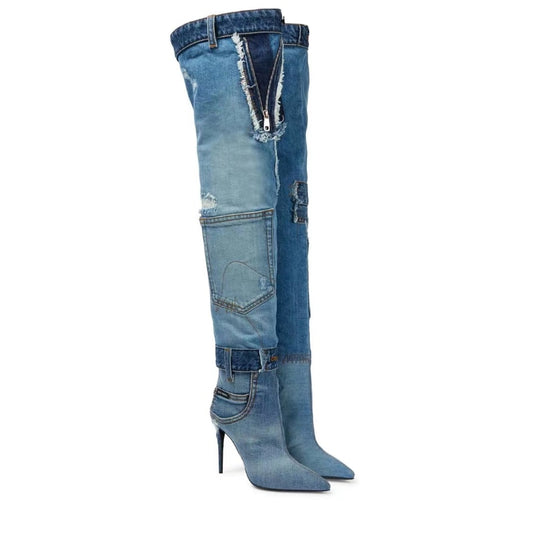 2023 New Women's Washed Blue High Cowboy Boot Pointed Toe Slim High Heel Spice Girl Pocket Spliced Over Knee Boots Women Shoes