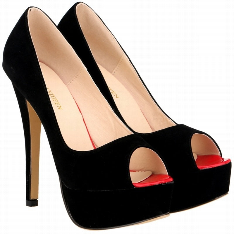 Womens Sexy High Heels Shoes Peep Toe Velvet Pumps Platform Lady Evening Party Red Wedding  Black Office  817-16VE