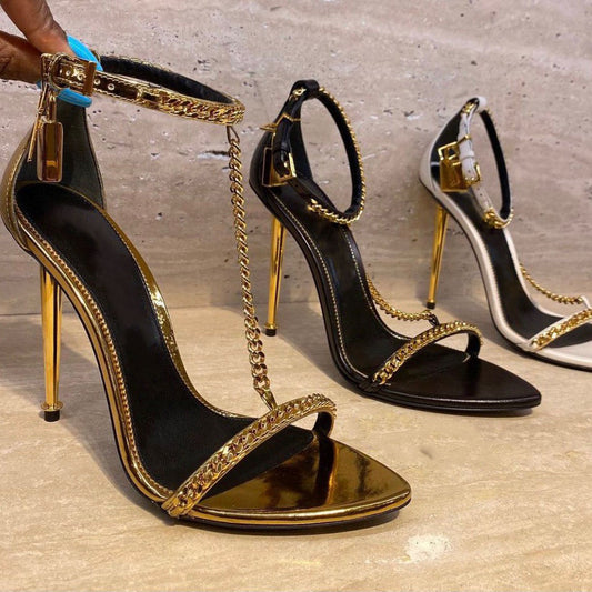 UVRCOS Runway Metal Chains T-strap High Heel Shoes Women Fashion Open Toe Stiletto Heels Summer Rome Style Sandals