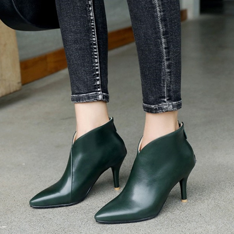 2022 Women's Shoes Autumn Ankle Boots High Heels Short Boots Pointed Zipper Black Green Women's Shoes Large