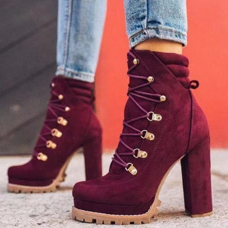 Women's Ankle Boots and High Heels Platform Women's Lace Up Women's Shoe Buckle Women's Short Boots New Plus Size 35-43