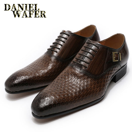 Daniel Wafer Man Shoes Luxury Genuine Leather Geometric Prints Office Wedding Man Formal Black Lace Up Pointed Toe Oxford Shoes